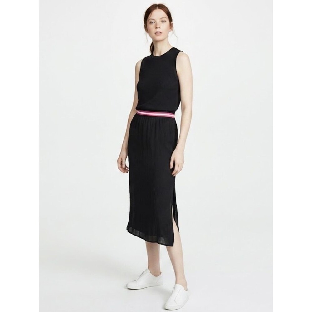Theory Black Sheer Silk Midi Dress Fussier Waist Stripe Band Sz M Sleek Chic